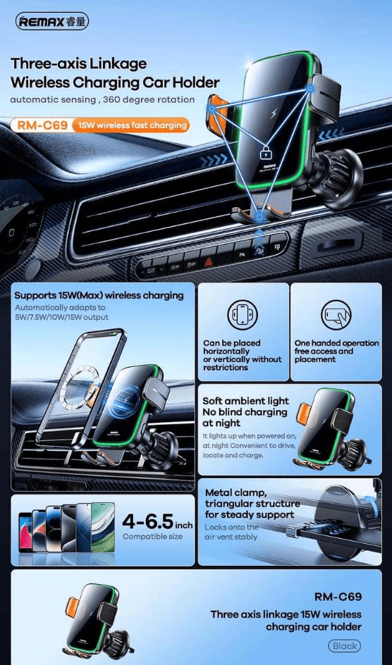RM-C69 Soporte para Automóvil con Carga Inalámbrica de 15W y Ajuste Tri-eje