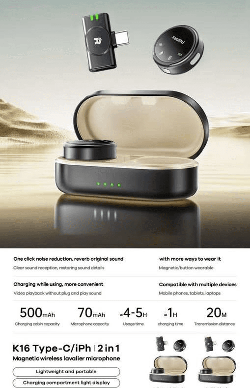 K-16 Micrófono Inalámbrico Lavalier Magnético 2 en 1 para Apple y Android