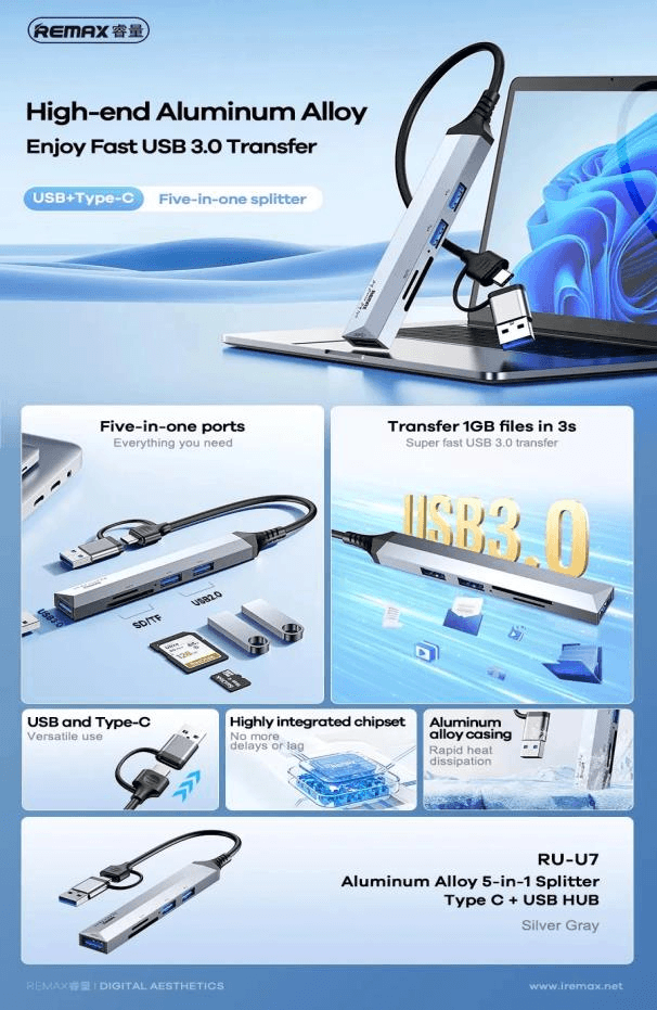RU-U7 Hub USB 3.0 con Lector de Tarjetas SD y Conector TYPE C